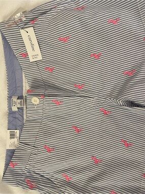 crown & ivy Blue and White Striped Shorts with Pink Embroidery